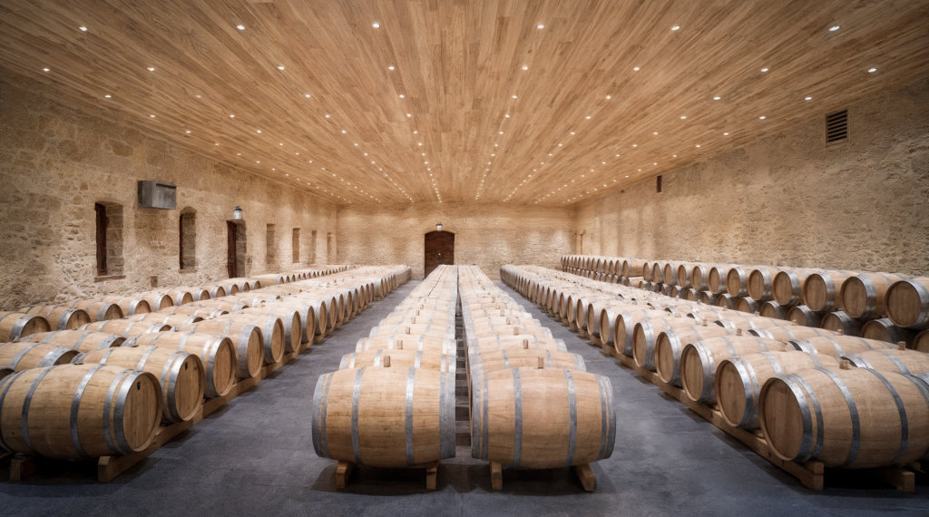 oak barrels aging fine wines in a traditional stone cellar for premium wine tasting experiences