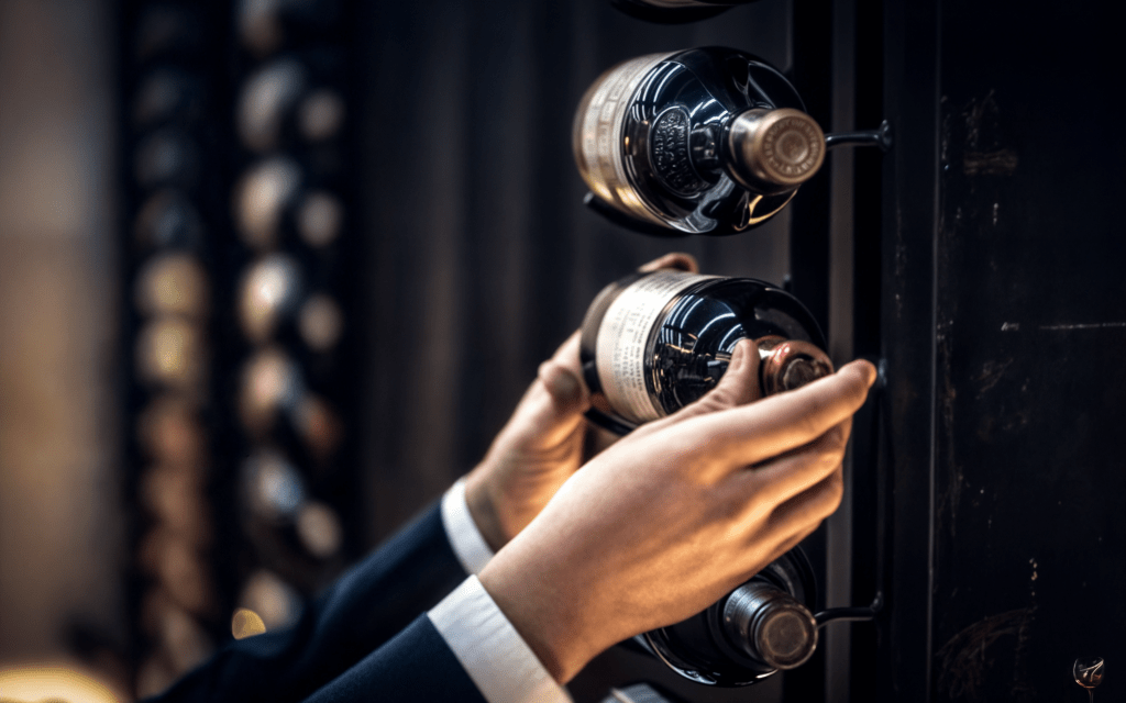 wine ambassadors selecting fine wine bottles from cellar rack for premium wine tasting experience